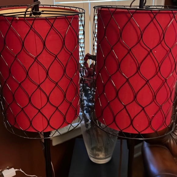 2NEW MIDNIGHT VELVET FLOOR LAMPS, WITH WIRE COVER OVER BURGUNDY CLOTH LAMPSHADE! - Picture 1 of 8